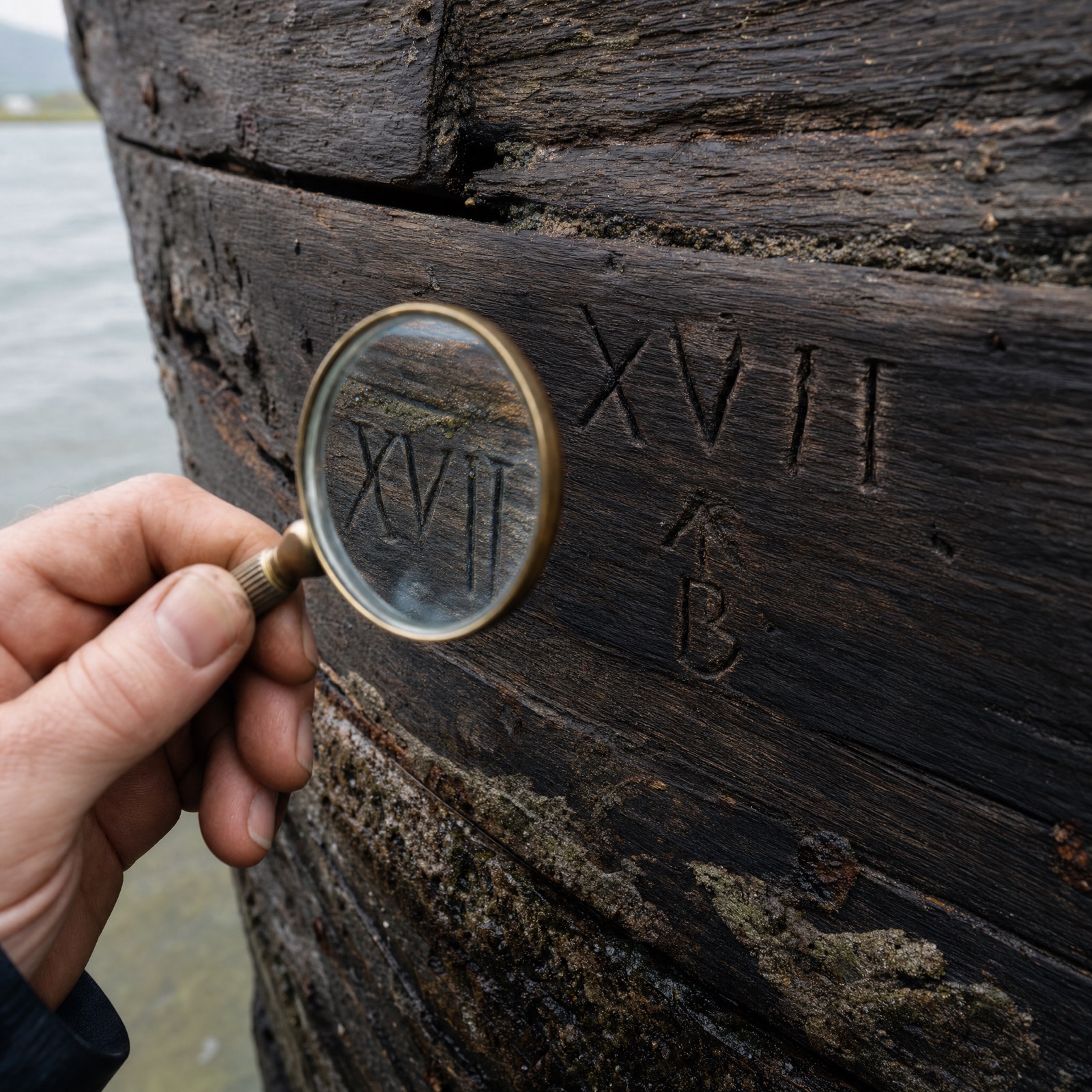 Close-up of hand-carved Roman numerals and owner's mark on aged boat hull planks