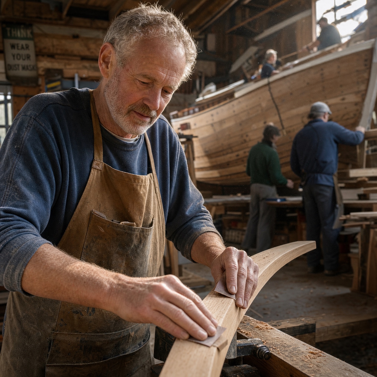 Jean-Pierre Malherbe hand-sanding a curved wooden boat rib in the Pessac workshop