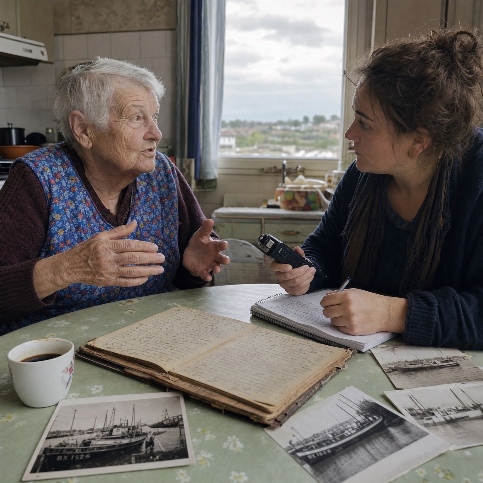 Oral history recording session in a village kitchen near Bordeaux
